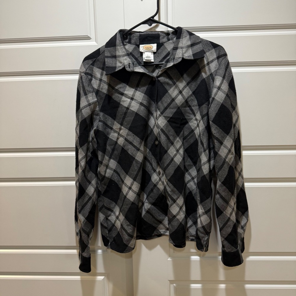 Talbots Flannel Shirt Plaid Button‎ Down Long Sleeve Gray Black Large